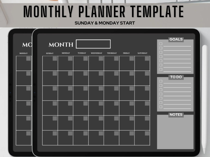 Undated Monthly Planner Template | Dark
